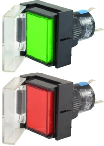 AR-SD16-11CFDFG, цвет:зеленая, 1НО+1НЗ, ~3A, 250В, Монт.отв.=16мм, р-р 24x26мм, подключение: контакты под пайку, квадратная, с подсветкой, с защитной крышкой, лампа ?24В A77755