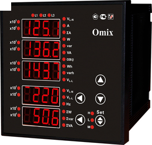 Omix P99-M-3-1.0 Iизм: прям.0…5 / 1...9000А, кл.1%, Uизм:0…300/500В, кл.1%, фаз:3, F:(10…100)Гц, кл.1%, Экран-5 СД*4р, вшг: 96x96x80мм, Uпит.:~220В 